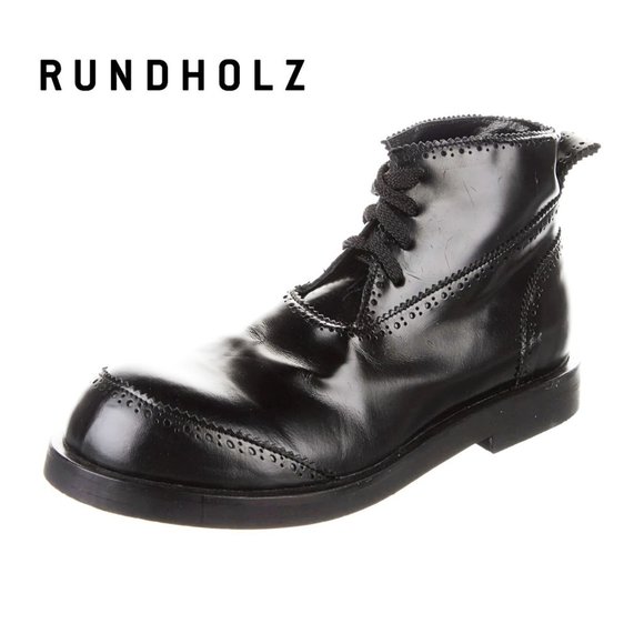 Rundholz Shoes - Rundholz Black Leather Lace Up Ankle Boots Wingtip Pinked Detail Rubber Sole 7